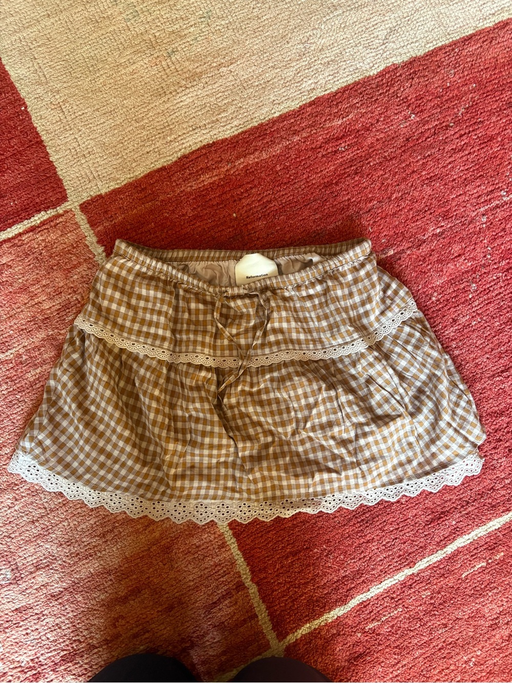 Reformation Brown Gingham Lace-Trim valetta Mini Skirt